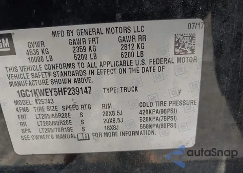 2017 Chevrolet Silverado 2500Hd Ltz z USA, uszkodzony, nr VIN 1GC1KWEY5HF239147